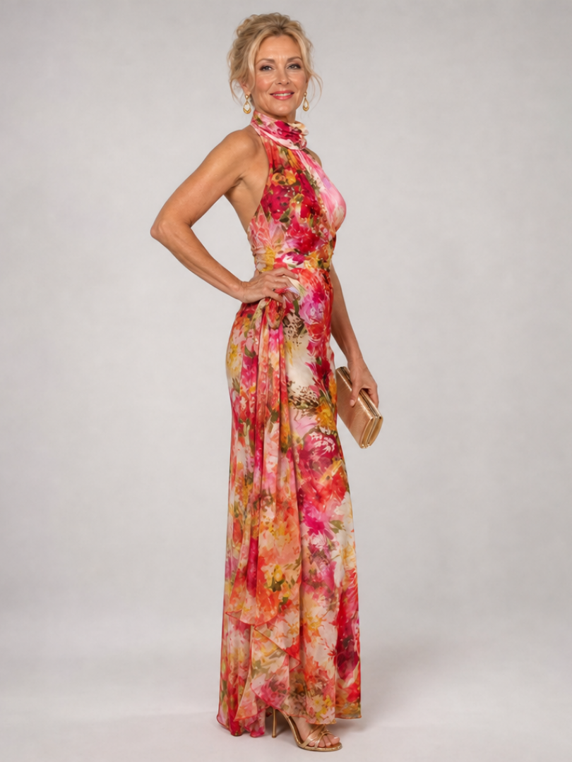 Halter Neck Floral Print Maxi Dress