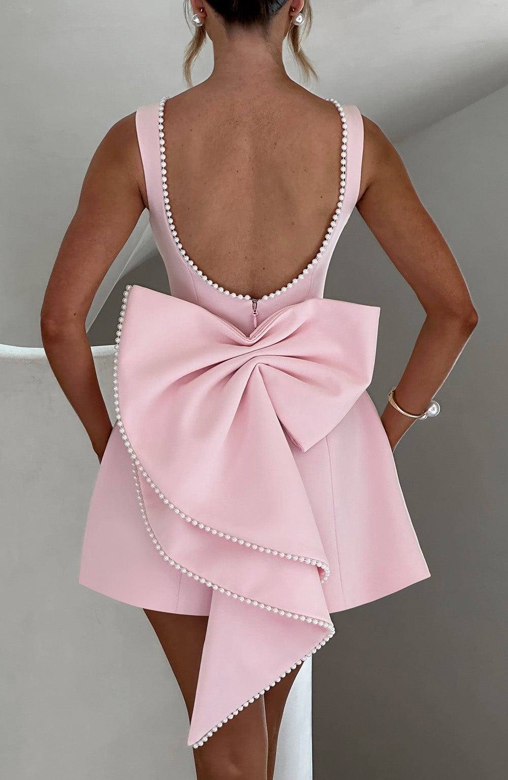 Formal Wedding Guest A-Line Mini Dress with Pearl Trim for Women