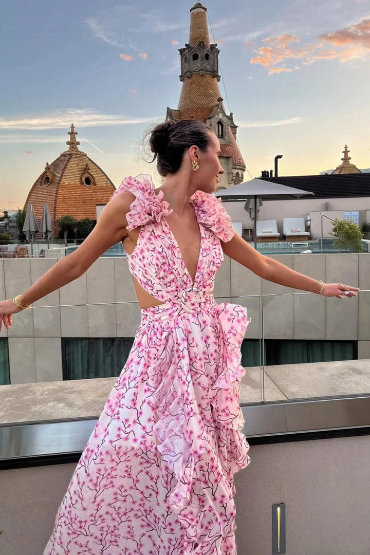 Formal Floral Wedding Guest Maxi Dress with V-Neck and Ruffles for Women