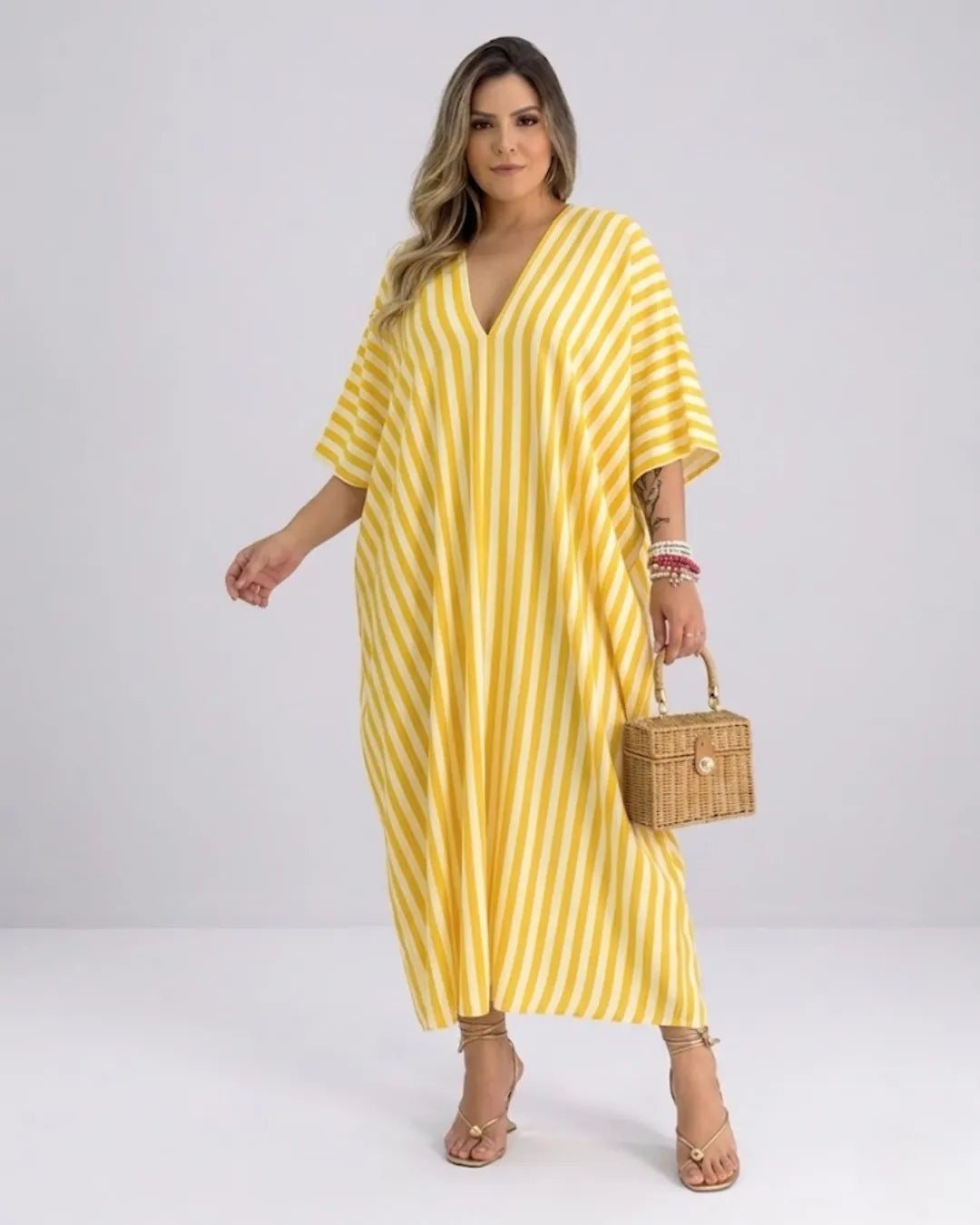 Women's Kaftan Maxi Dress – Airy Striped Dress with Deep V-Neck & Batwing Sleeves
