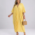 Women's Kaftan Maxi Dress – Airy Striped Dress with Deep V-Neck & Batwing Sleeves