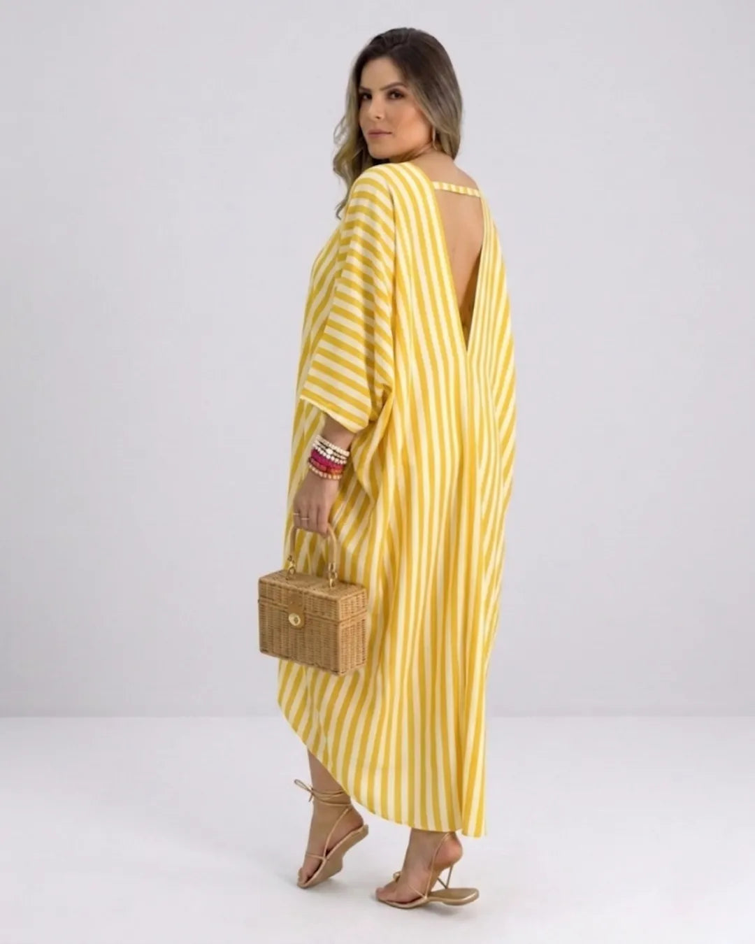 Women's Kaftan Maxi Dress – Airy Striped Dress with Deep V-Neck & Batwing Sleeves