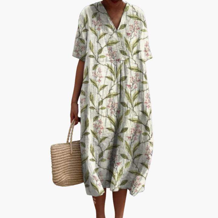Floral V Neck Short Sleeve Oversized Casual Midi Dress