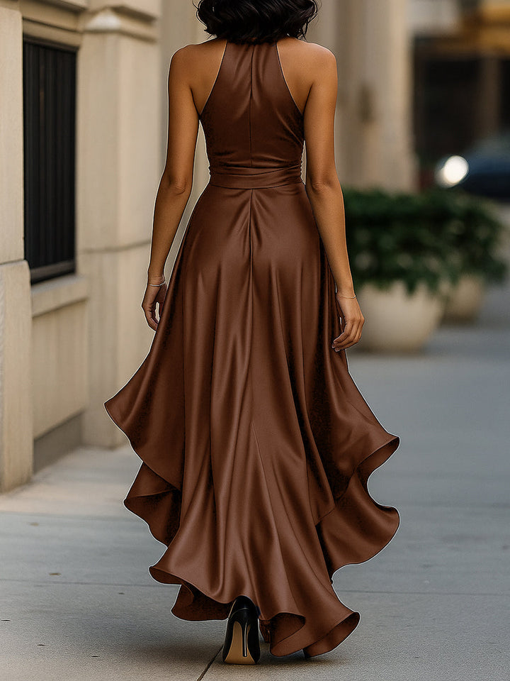 Satin Halter Midnight Wedding Guest Ruffle Gown
