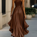 Satin Halter Midnight Wedding Guest Ruffle Gown