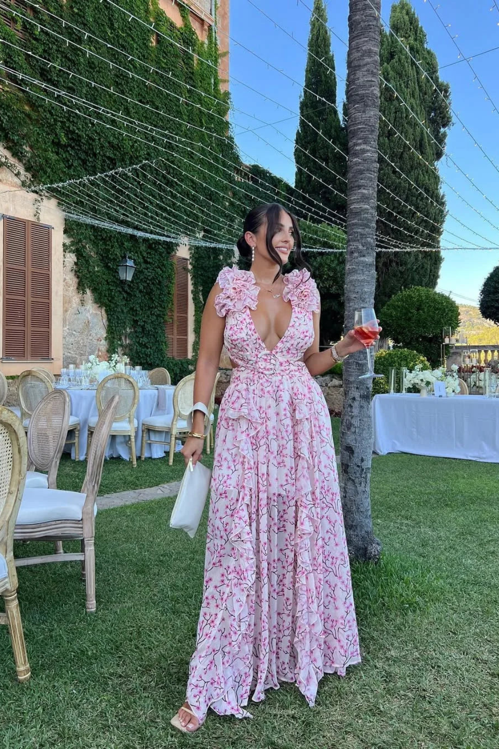Formal Floral Wedding Guest Maxi Dress with V-Neck and Ruffles for Women