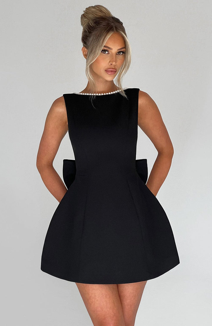 Formal Wedding Guest A-Line Mini Dress with Pearl Trim for Women