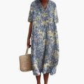 Floral V Neck Short Sleeve Oversized Casual Midi Dress
