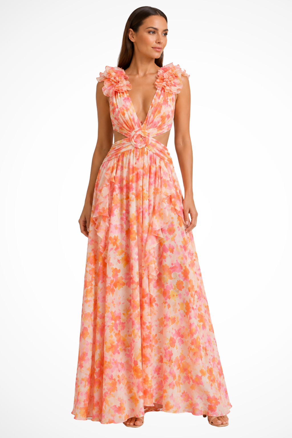 Formal Floral Wedding Guest Maxi Dress with V-Neck and Ruffles for Women