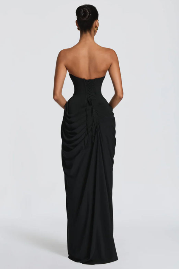 Graduation Dress, Strapless Maxi with Boned Corset Bodice and Draped Wrap Skirt