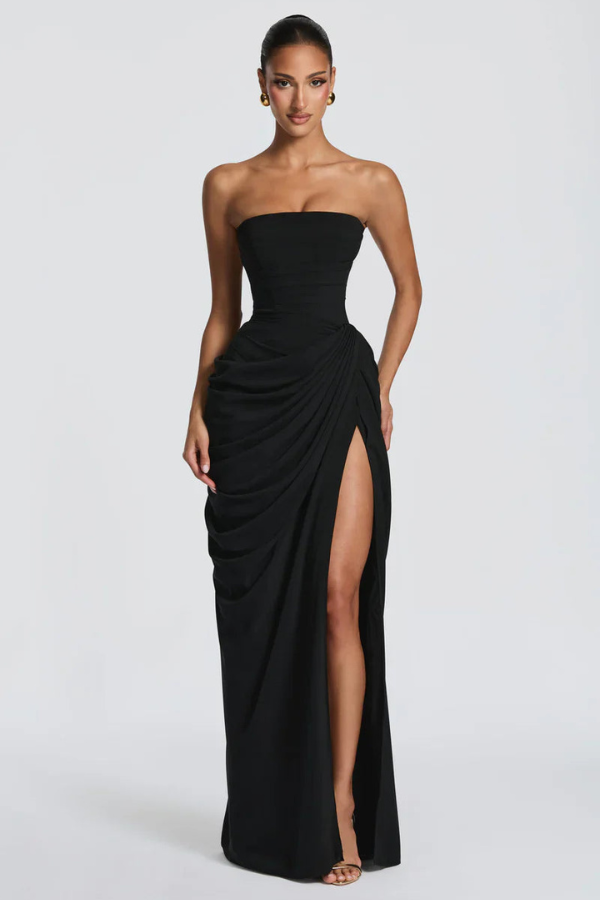 Graduation Dress, Strapless Maxi with Boned Corset Bodice and Draped Wrap Skirt