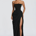 Party Dress, Strapless Maxi with Boned Corset Bodice and Draped Wrap Skirt