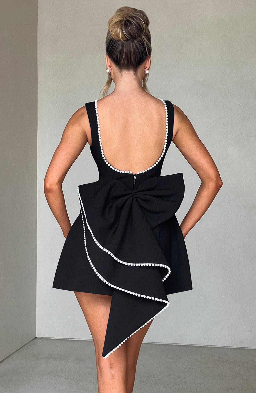 Formal Wedding Guest A-Line Mini Dress with Pearl Trim for Women