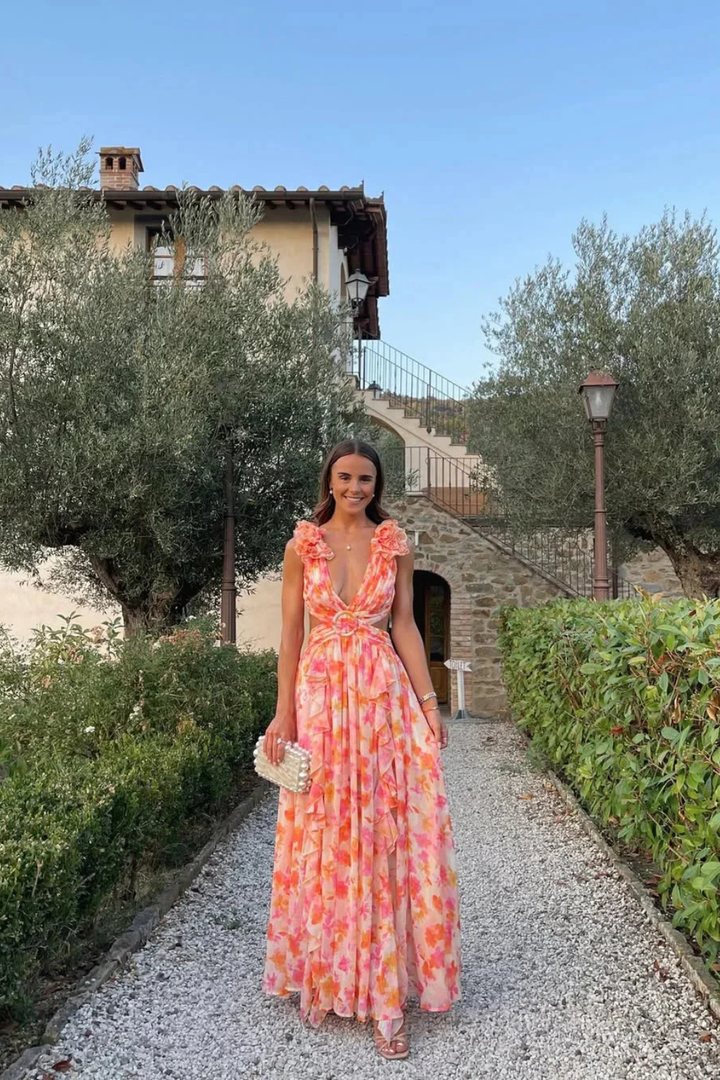 Formal Floral Wedding Guest Maxi Dress with V-Neck and Ruffles for Women