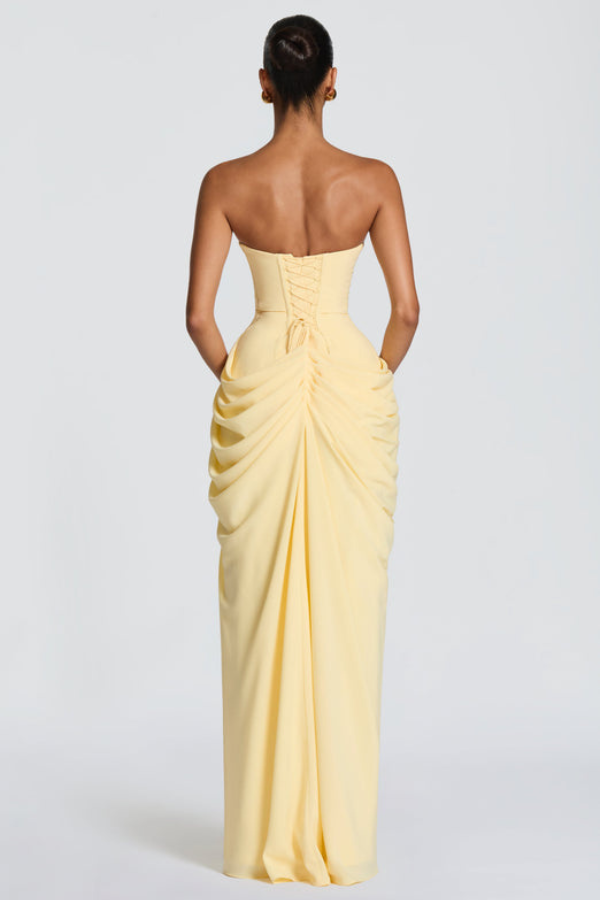 Graduation Dress, Strapless Maxi with Boned Corset Bodice and Draped Wrap Skirt