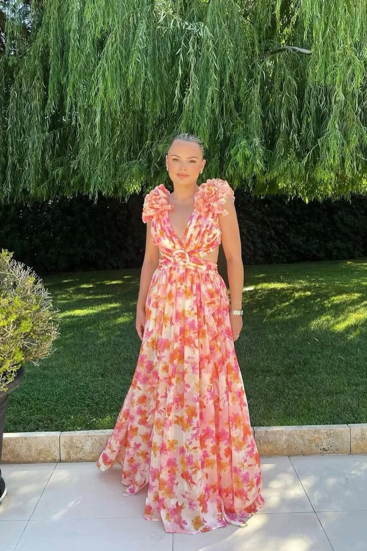 Formal Floral Wedding Guest Maxi Dress with V-Neck and Ruffles for Women
