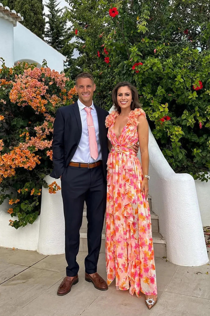 Formal Floral Wedding Guest Maxi Dress with V-Neck and Ruffles for Women