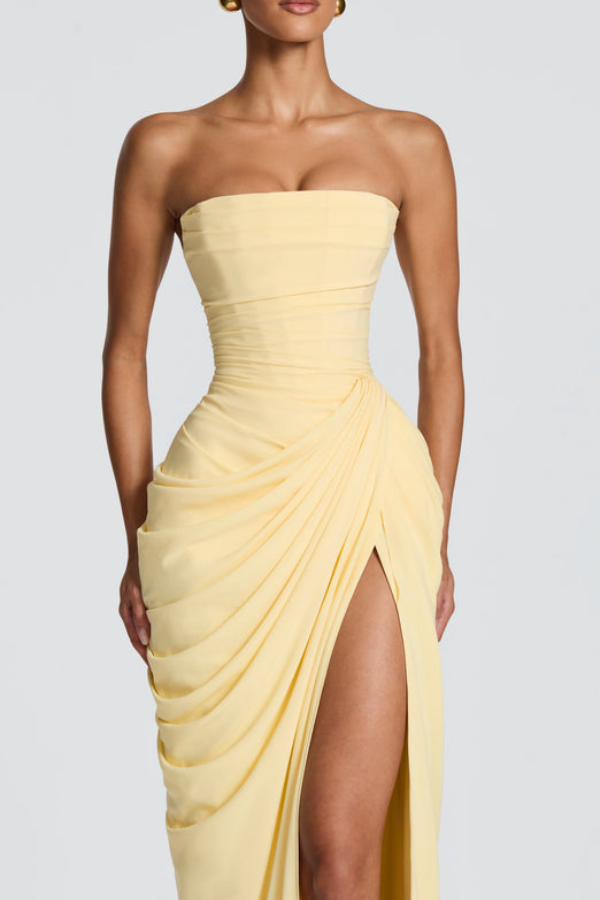 Graduation Dress, Strapless Maxi with Boned Corset Bodice and Draped Wrap Skirt