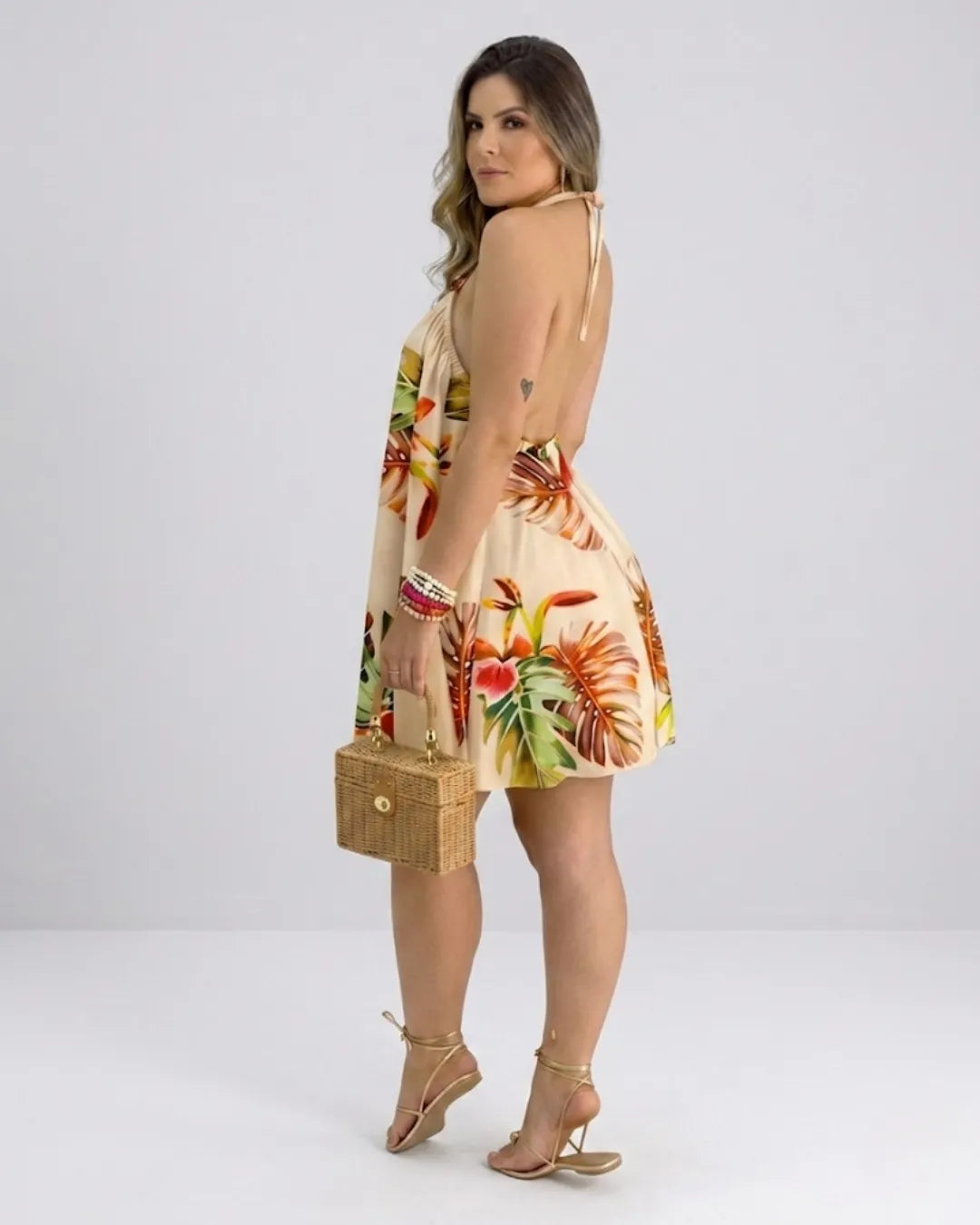 Women's Halter Neck Swing Dress – Tropical Mini Dress with Floral Print | Beach Dress
