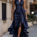 Satin Halter Midnight Wedding Guest Ruffle Gown