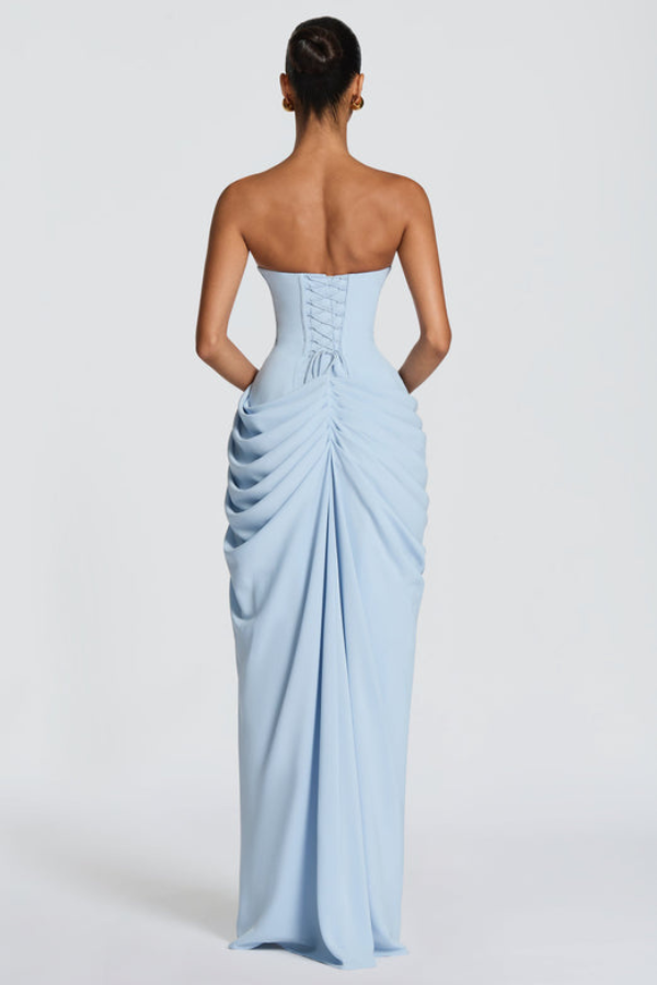 Graduation Dress, Strapless Maxi with Boned Corset Bodice and Draped Wrap Skirt