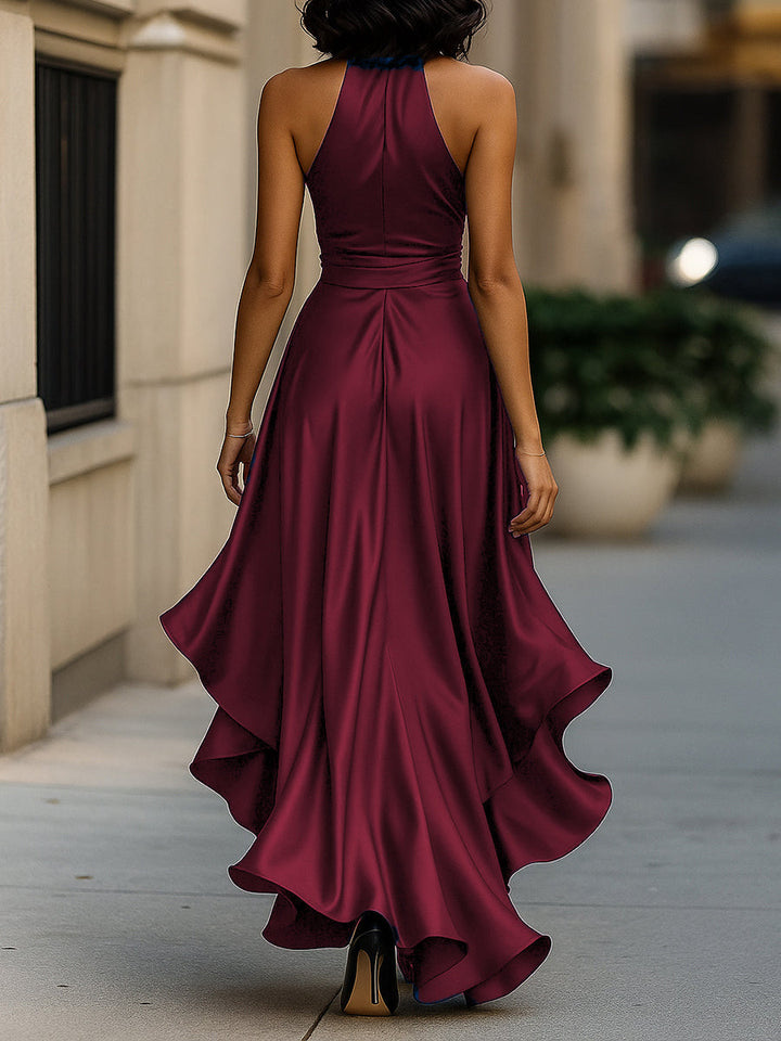 Satin Halter Midnight Wedding Guest Ruffle Gown
