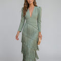 Tiered Fringe V Neck Midi Dress - Formal Evening Gown