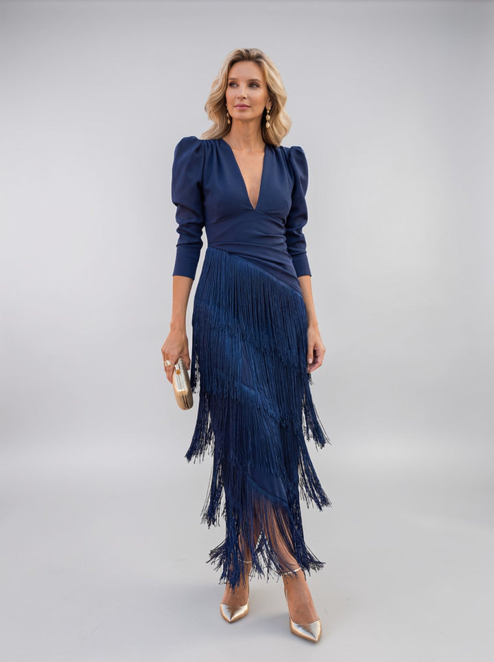 Tiered Fringe V Neck Midi Dress - Formal Evening Gown