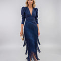 Tiered Fringe V Neck Midi Dress - Formal Evening Gown