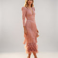 Tiered Fringe V Neck Midi Dress - Formal Evening Gown
