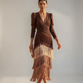 Tiered Fringe V Neck Midi Dress - Formal Evening Gown