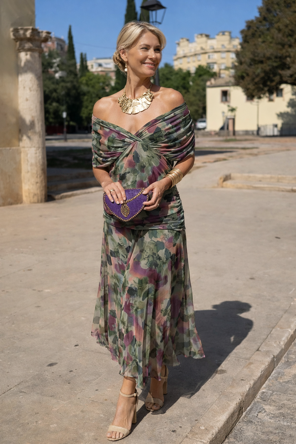 Chiffon Maxi Dress with V-Neck for Women