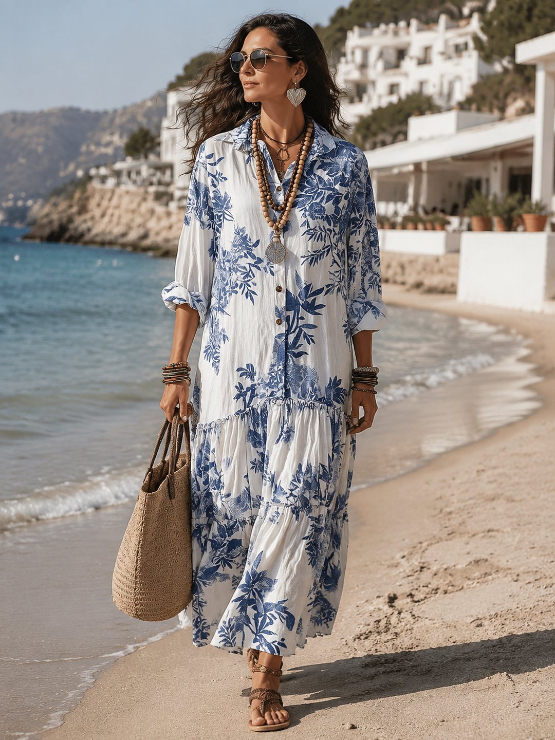 Mediterranean Botanical Button Down Loose Tiered Caftan Dress