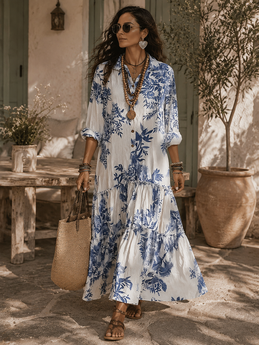 Mediterranean Botanical Button Down Loose Tiered Caftan Dress