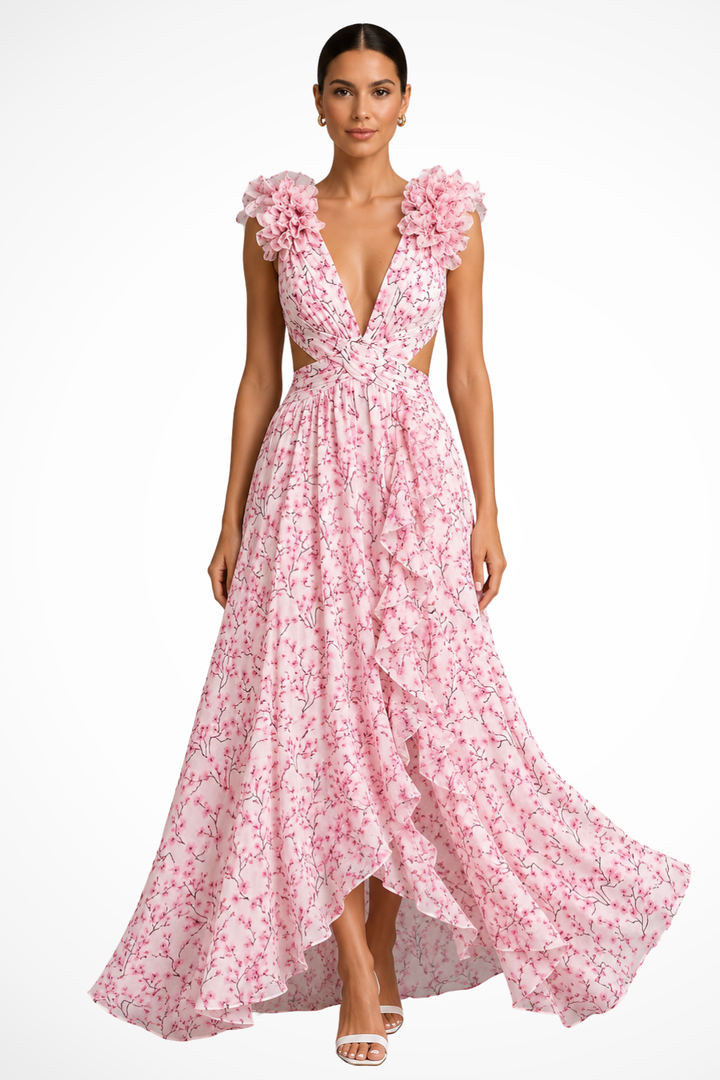 Formal Floral Wedding Guest Maxi Dress with V-Neck and Ruffles for Women
