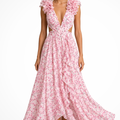 Formal Floral Wedding Guest Maxi Dress with V-Neck and Ruffles for Women