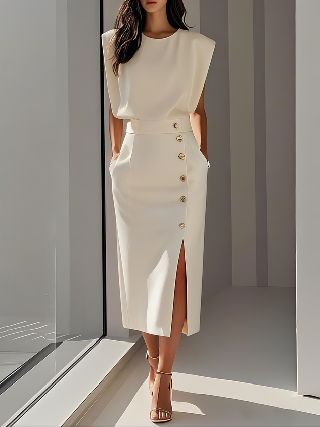 Formal Sleeveless Midi Dress with Button Front and Leg Split for Women