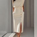 Formal Sleeveless Midi Dress with Button Front and Leg Split for Women