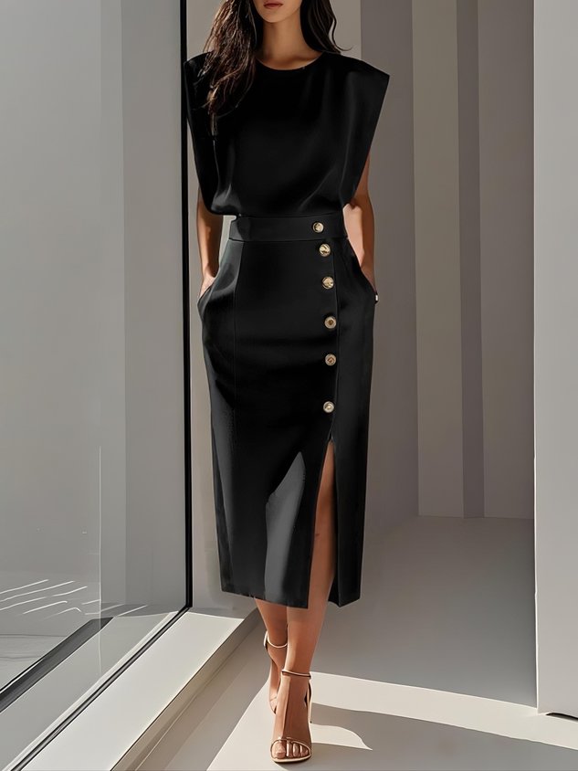 Formal Sleeveless Midi Dress with Button Front and Leg Split for Women