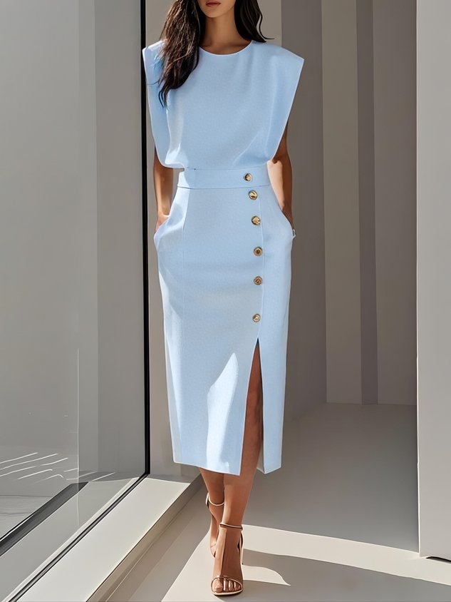 Formal Sleeveless Midi Dress with Button Front and Leg Split for Women