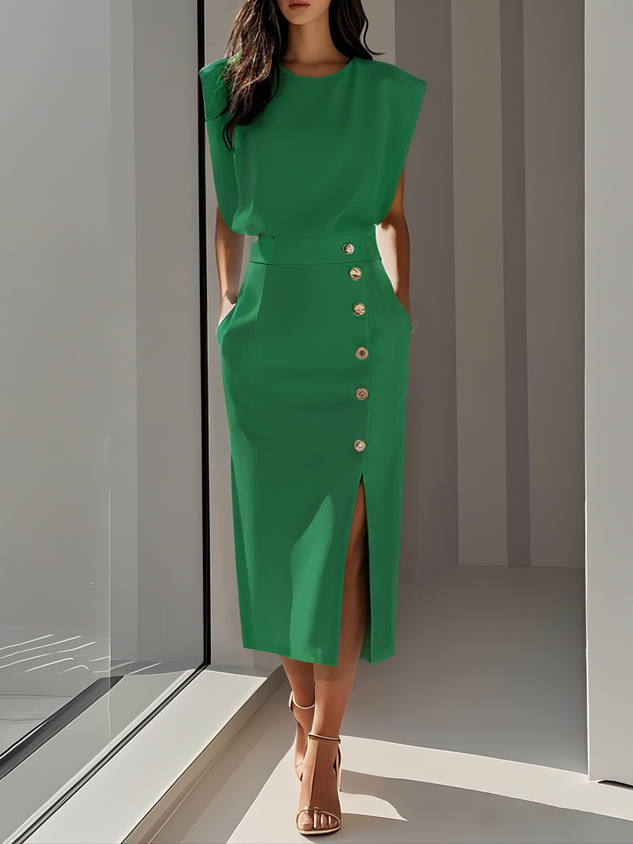 Formal Sleeveless Midi Dress with Button Front and Leg Split for Women