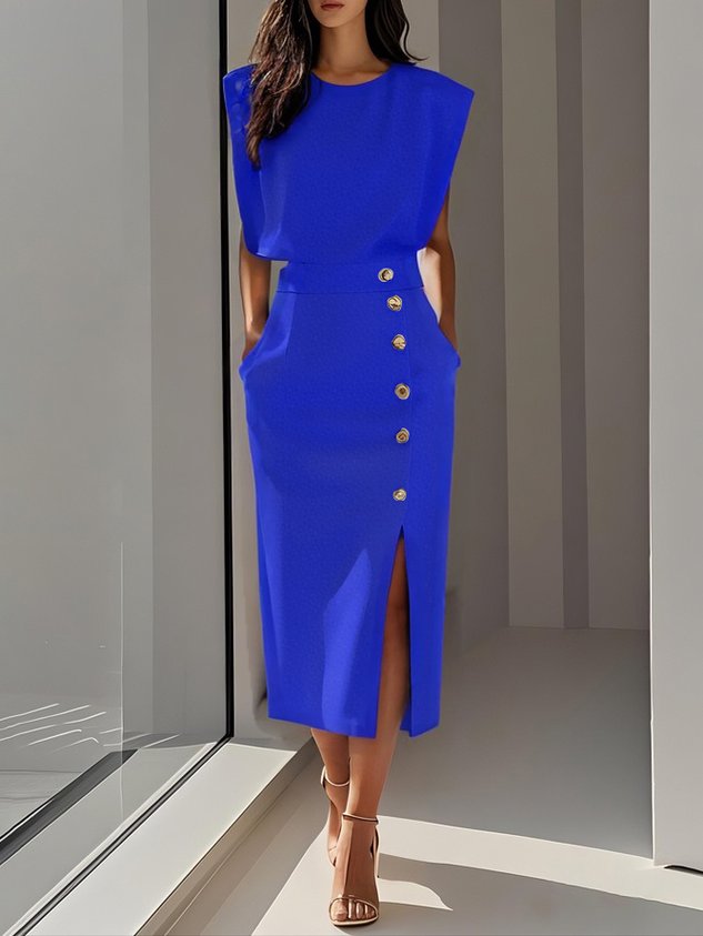 Formal Sleeveless Midi Dress with Button Front and Leg Split for Women