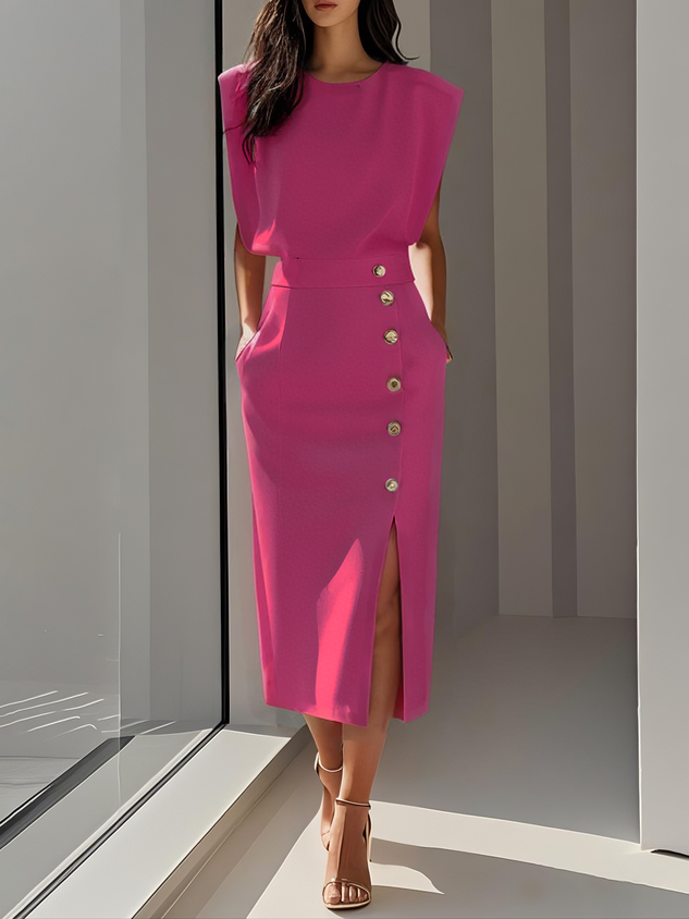 Formal Sleeveless Midi Dress with Button Front and Leg Split for Women