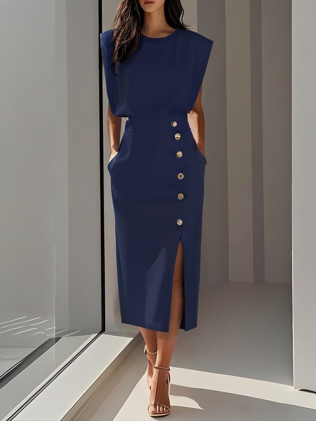 Formal Sleeveless Midi Dress with Button Front and Leg Split for Women
