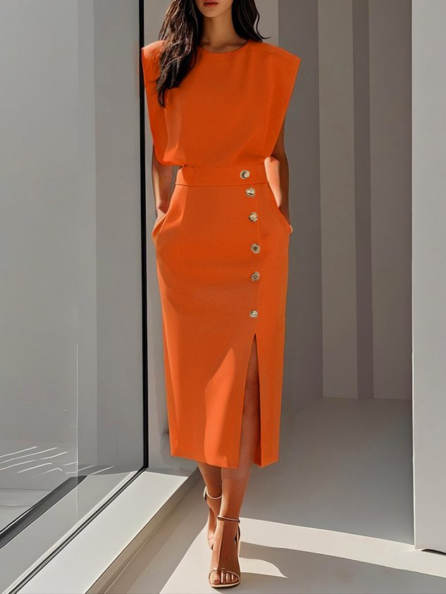 Formal Sleeveless Midi Dress with Button Front and Leg Split for Women