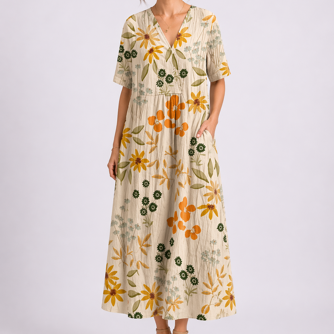 Women's Floral Midi Dress with V-Neck and Short Sleeves