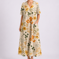 Women's Floral Midi Dress with V-Neck and Short Sleeves