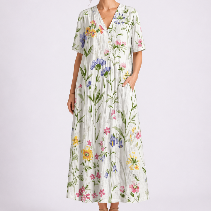Women's Floral Midi Dress with V-Neck and Short Sleeves