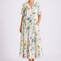 Women's Floral Midi Dress with V-Neck and Short Sleeves