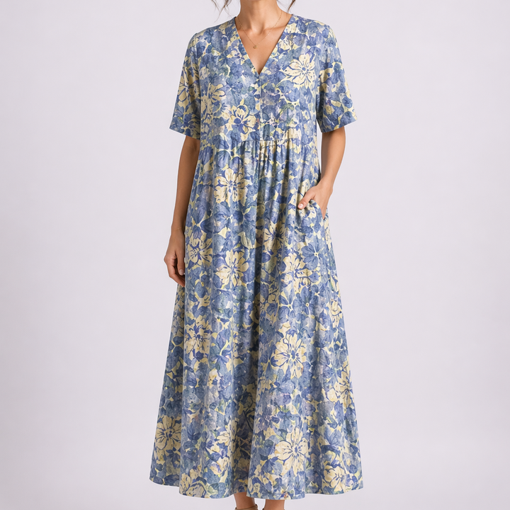 Women's Floral Midi Dress with V-Neck and Short Sleeves